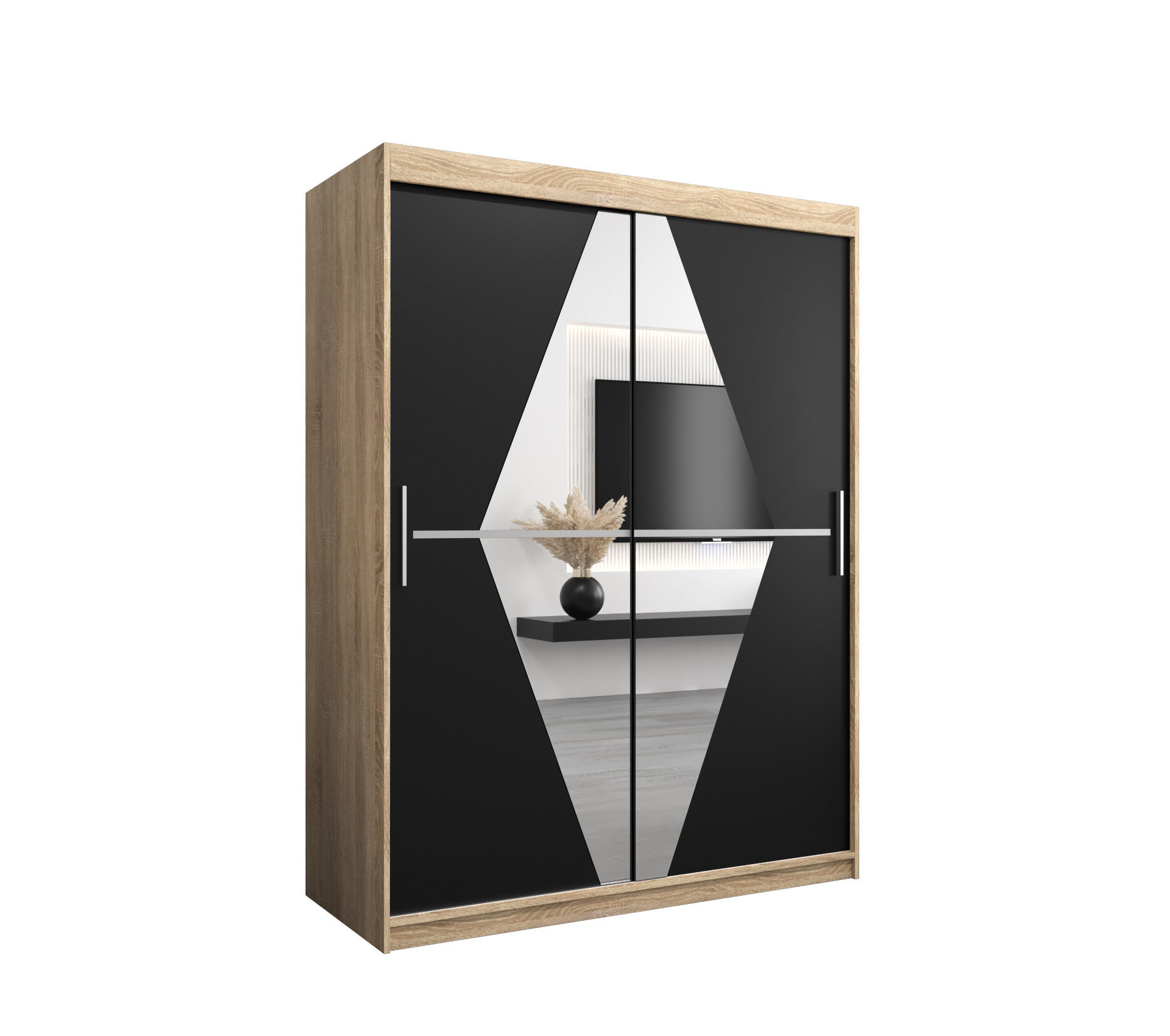 SCHWEBETÜRENSCHRANK 200/150/62 2-türig - Silberfarben/Schwarz, Holz/Kunststoff (150/200/62cm) - Abiks Möbel