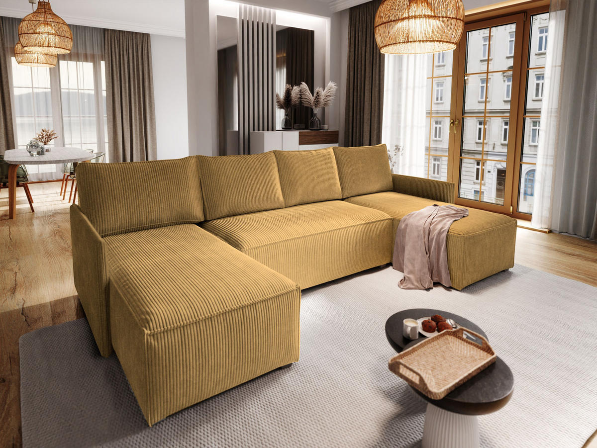 WOHNLANDSCHAFT TRES Gelb Kordstoff mit Schlaffunktion - Gelb, Holz (271/85/140cm) - MASSENO