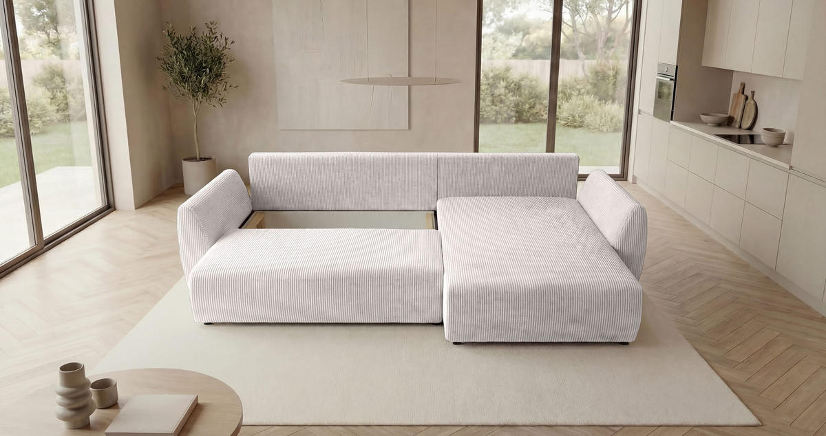 ECKSOFA SYDNEY rechts weiß Cord Poso 100 - Schlaffunktion, Bettkasten - Weiß, Textil (174/280cm) - Cornero