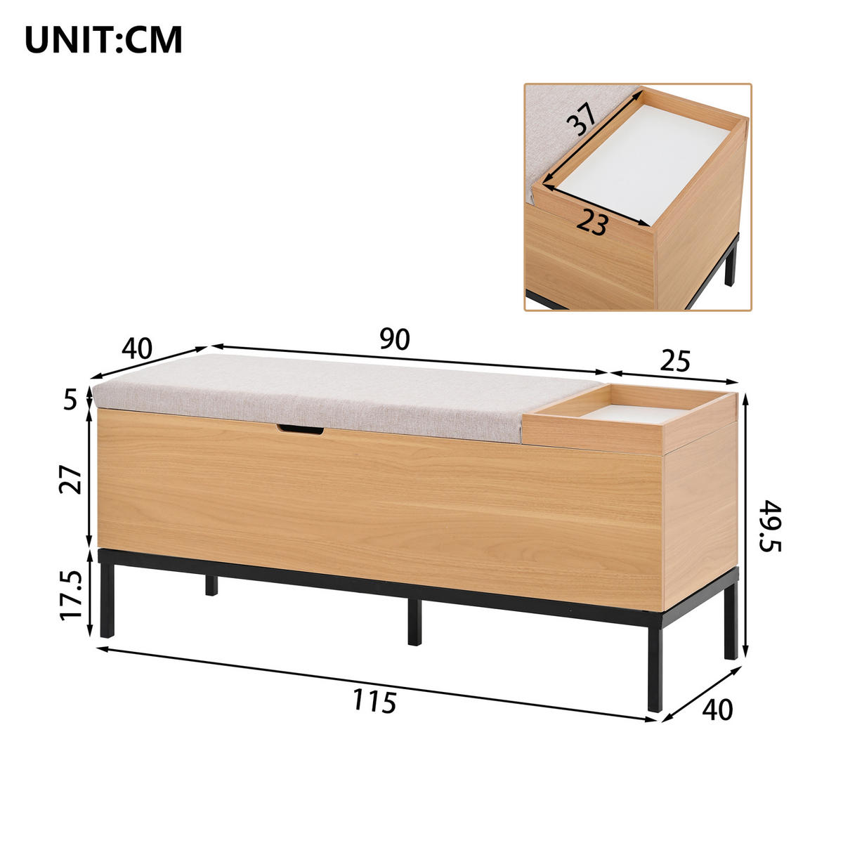 SCHUHBANK 115/49,5/40 cm natural mit Stauraum und hochwertiger Polsterung - Naturfarben, Holzwerkstoff (115/40/49.5cm) - OKWISH