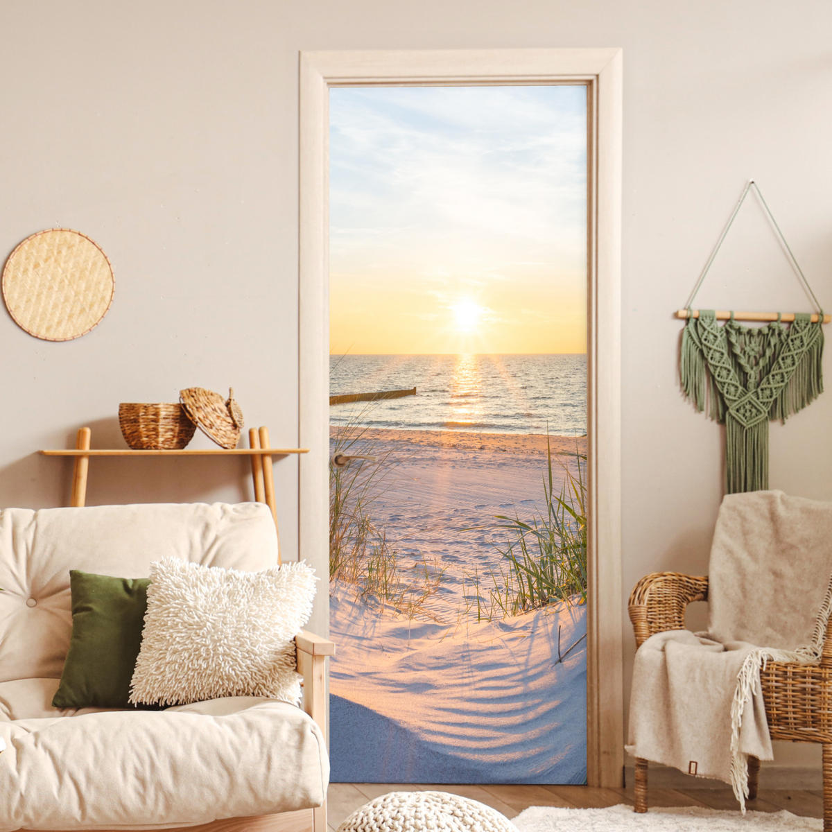FOTOTAPETE Tür - Strand - Sonne - Düne - Gras - Sand - Horizont 95x235 cm - Dunkelgelb, Kunststoff (95/0.1cm) - MuchoWow