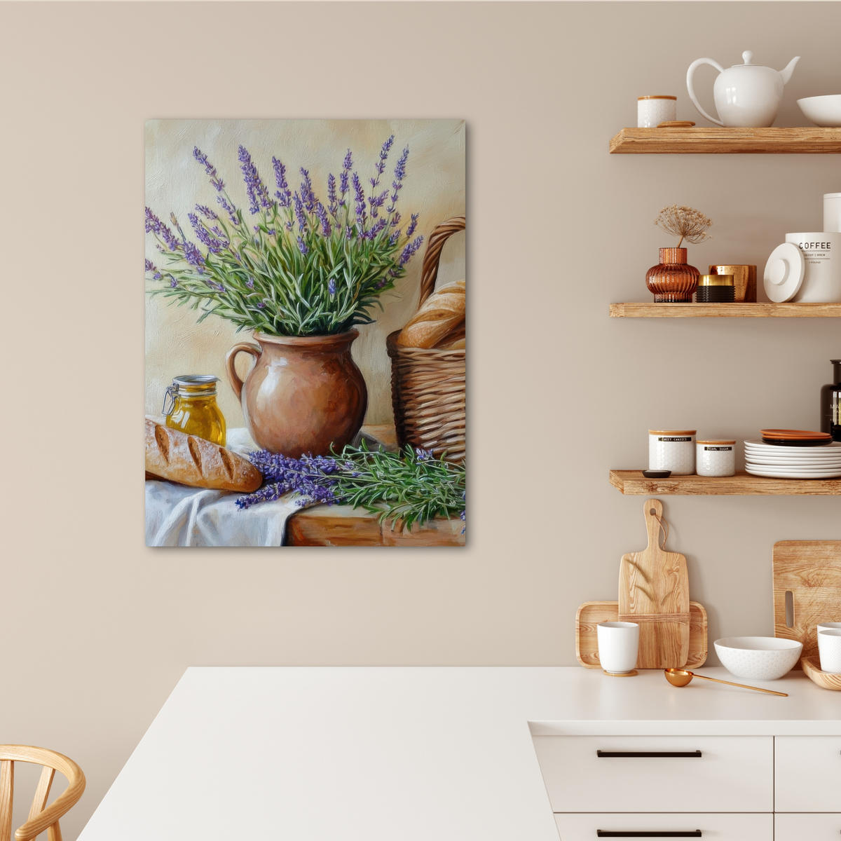 LEINWANDBILD Lavendel - Brot - Stilleben 60x80 cm - Flieder, Textil (60/80cm) - MuchoWow