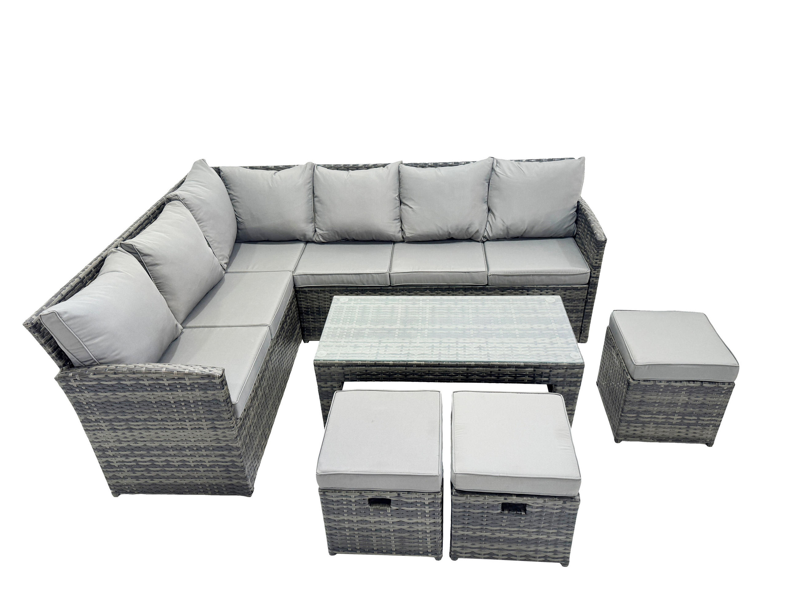 SITZGRUPPE mit Ecksofa,Länglicher Couchtisch,3 Hocker Polyrattan 9-Sitzer - Dunkelgrau/Grau, Glas/Kunststoff - Fimous