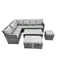 SITZGRUPPE mit Ecksofa,Länglicher Couchtisch,3 Hocker Polyrattan 9-Sitzer - Dunkelgrau/Grau, Glas/Kunststoff - Fimous