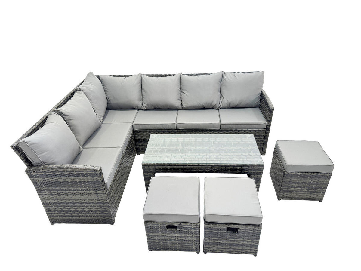 SITZGRUPPE mit Ecksofa,Länglicher Couchtisch,3 Hocker Polyrattan 9-Sitzer - Dunkelgrau/Grau, Glas/Kunststoff - Fimous