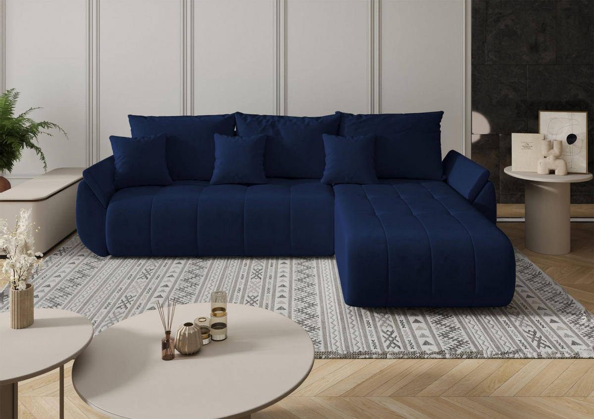 ECKSOFA Romuldi mit Schlaffunktion, Marineblau Samt, rechtsseitig - Schwarz/Dunkelblau, Kunststoff/Textil (185/280cm) - Selsey