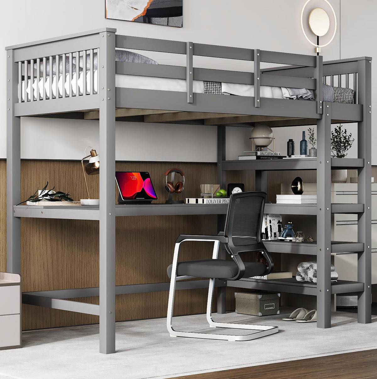 HOCHBETT aus Kiefer und MDF 90x200 cm Grau mit Schreibtisch, Ablagefächern und Leiterregal - Grau, Holzwerkstoff (90/200cm) - Modfu