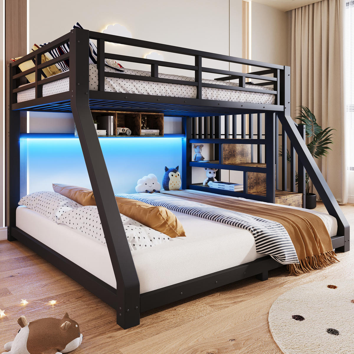 ETAGENBETT 90/200 cm & 140/200 cm in Schwarz mit LED und 3 Staufächern - Schwarz, Holzwerkstoff/Metall (90/200cm) - WISHDOR