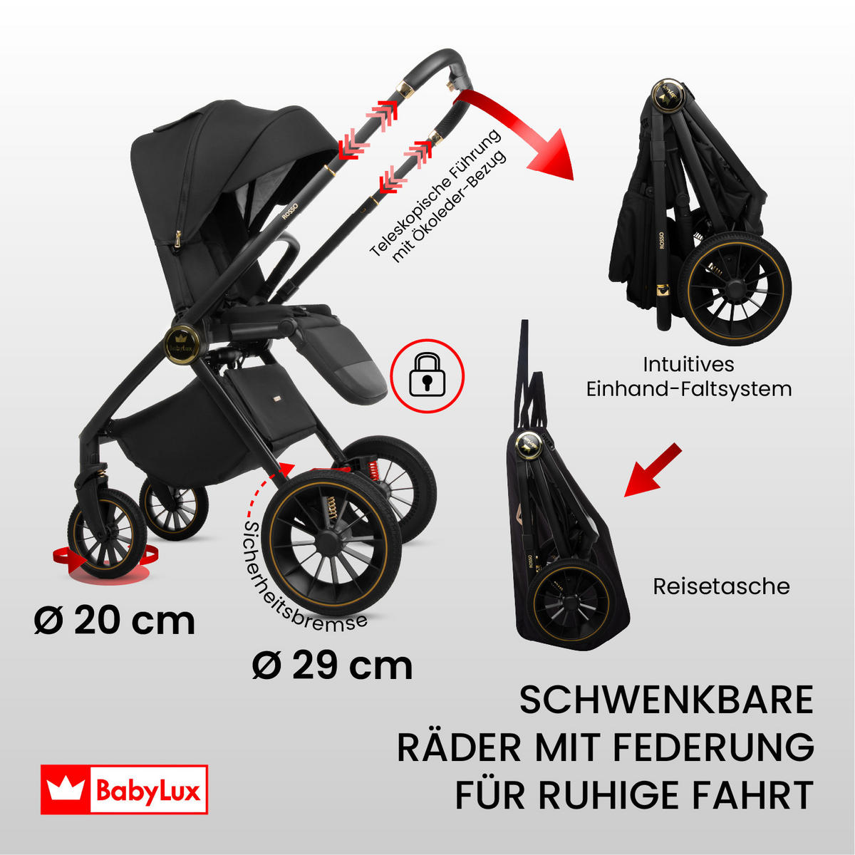 KINDERWAGEN Rosso 2in1 Schwarz Babywanne, Buggy Sportsitz, Faltbar, Wickeltasche - Schwarz, Textil/Metall (58/100cm) - BabyLux