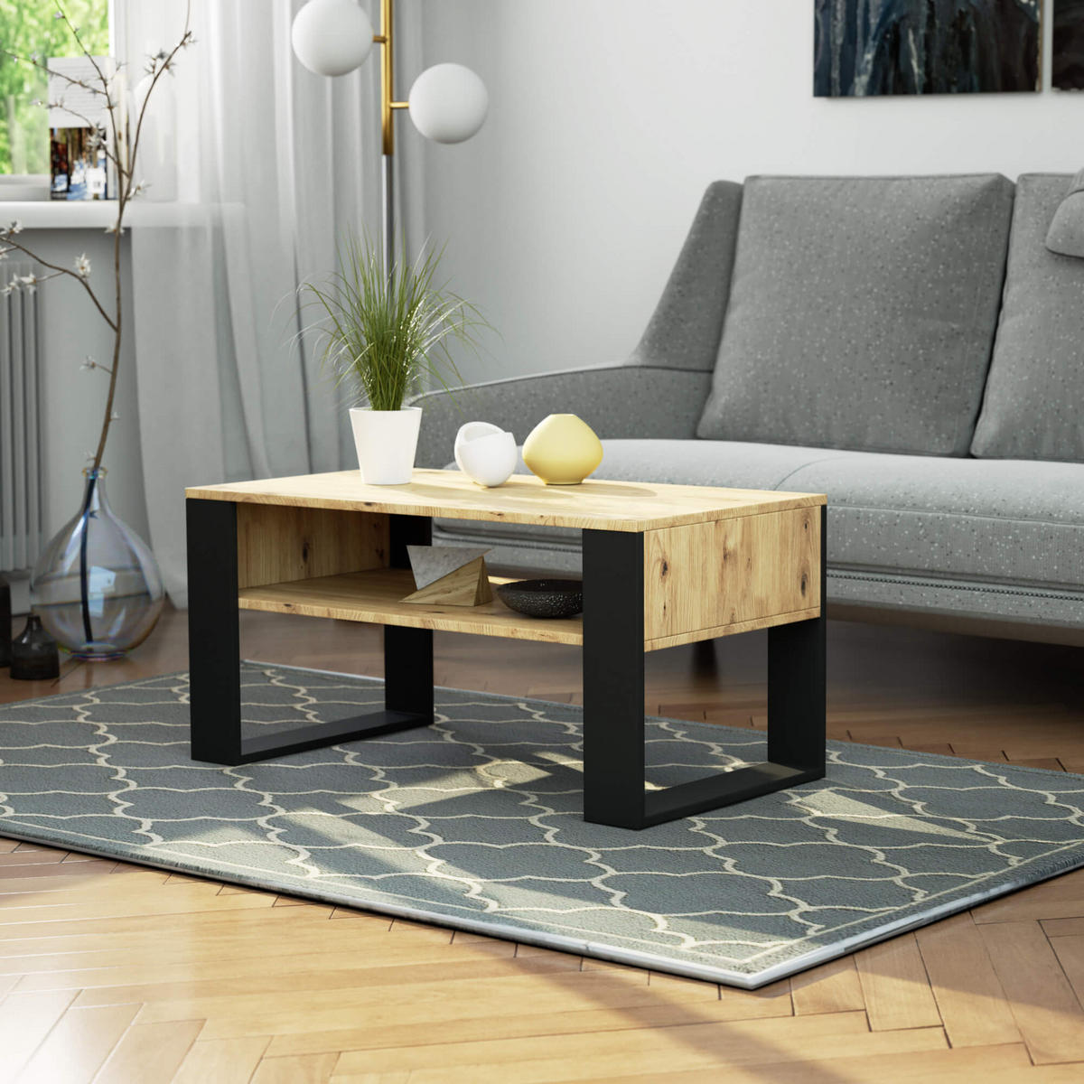 COUCHTISCH Rechteckig Eiche Artisan - Schwarz 92/45/50 cm - Schwarz/Eiche Artisan, Holzwerkstoff (50/92/45cm) - designimpex