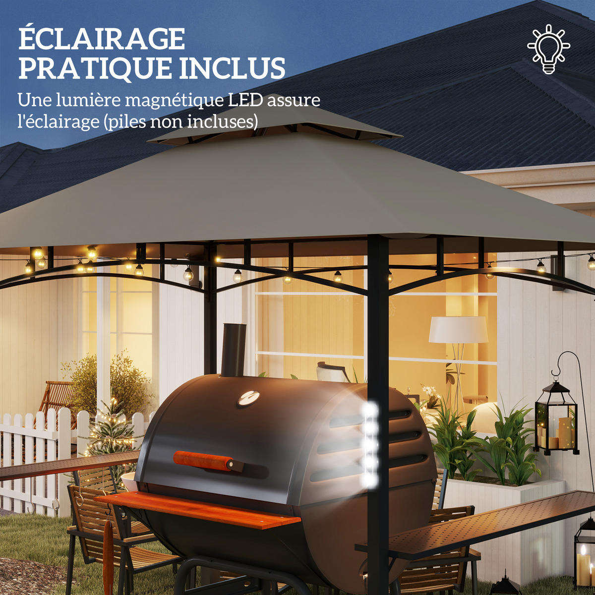 GRILLPAVILLON DE-12666 240/150/250 cm LED, 2 Regale, 8 Haken Kaki - Mokka, Metall (148/248/243cm) - ComfortXL