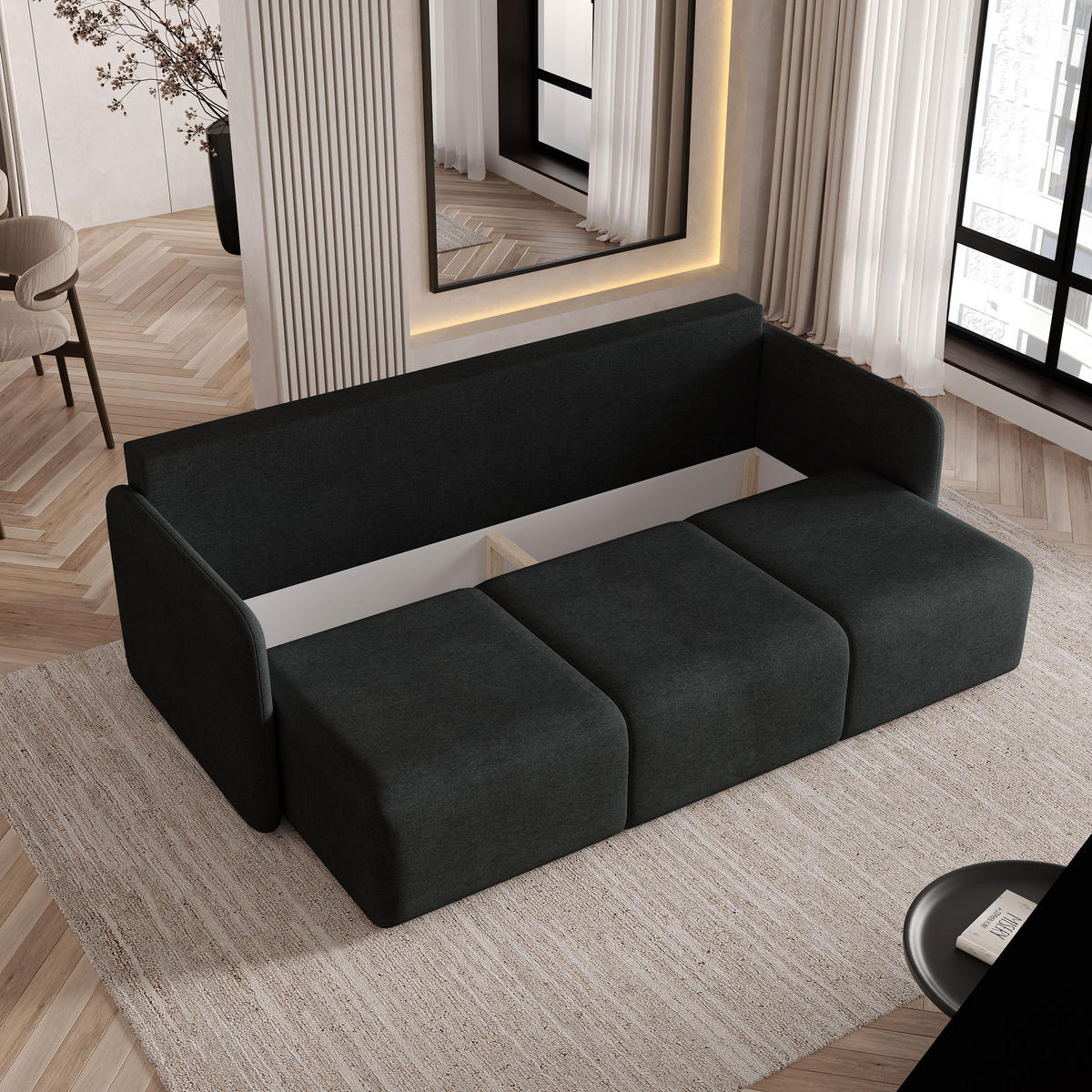 BETTSOFA SUVI III NV Schwarz Geflochtener Stoff mit Schlaffunktion - Schwarz, Textil (90/85/220cm) - MASSENO