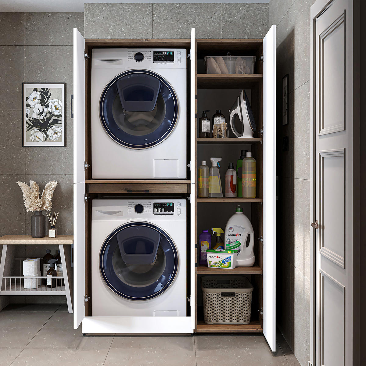 WASCHMASCHINENSCHRANK DORA-I 115cm Breit, 186cm Hoch - Eiche Bianco, Holzwerkstoff (115/186/73.8cm)