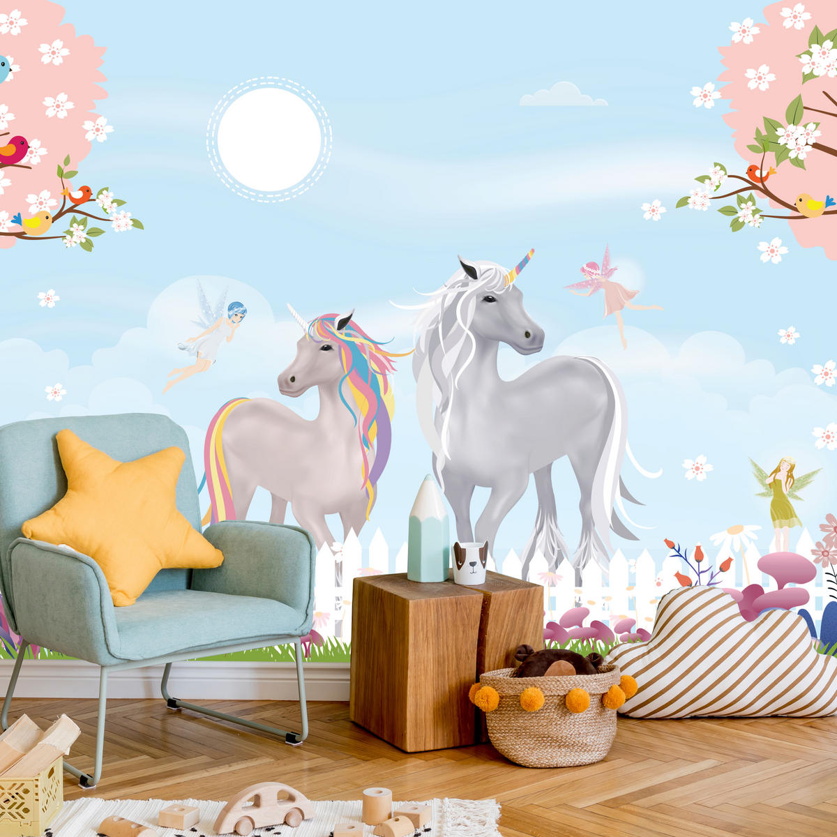 FOTOTAPETE für Kinderzimmer Einhörner Wiese Vögel Bäume Blumen 300x210 - Multicolor, Papier (300/210cm) - Muralo