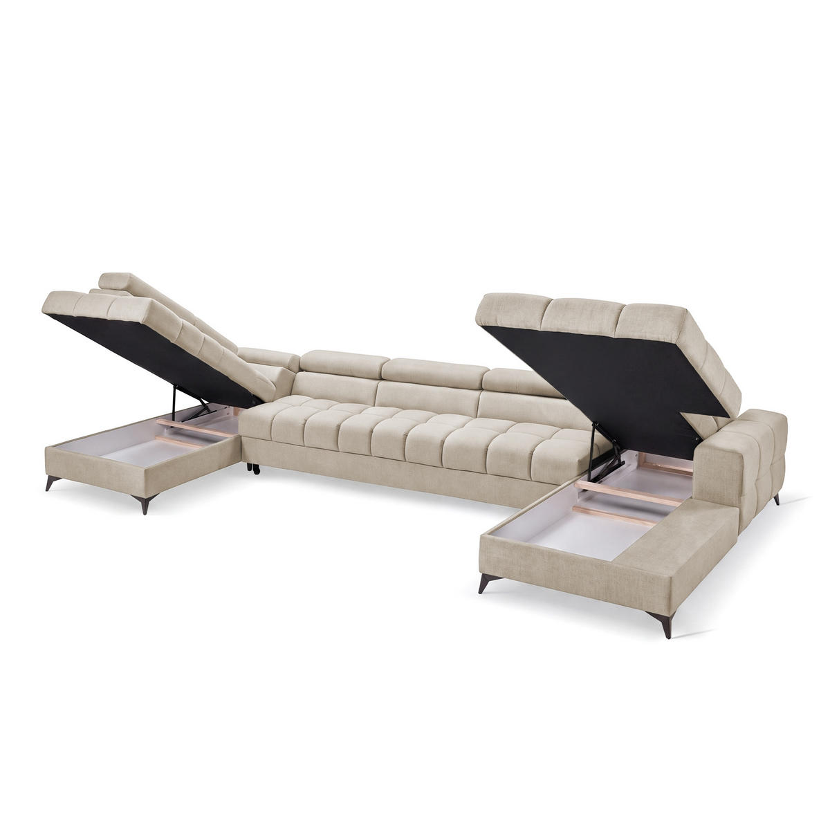 ECKSOFA PUDDING MAXI U Links mit Schlaffunktion 125x330 Velours Creme - Creme/Schwarz, Holz/Textil (203/421cm) - Muffo