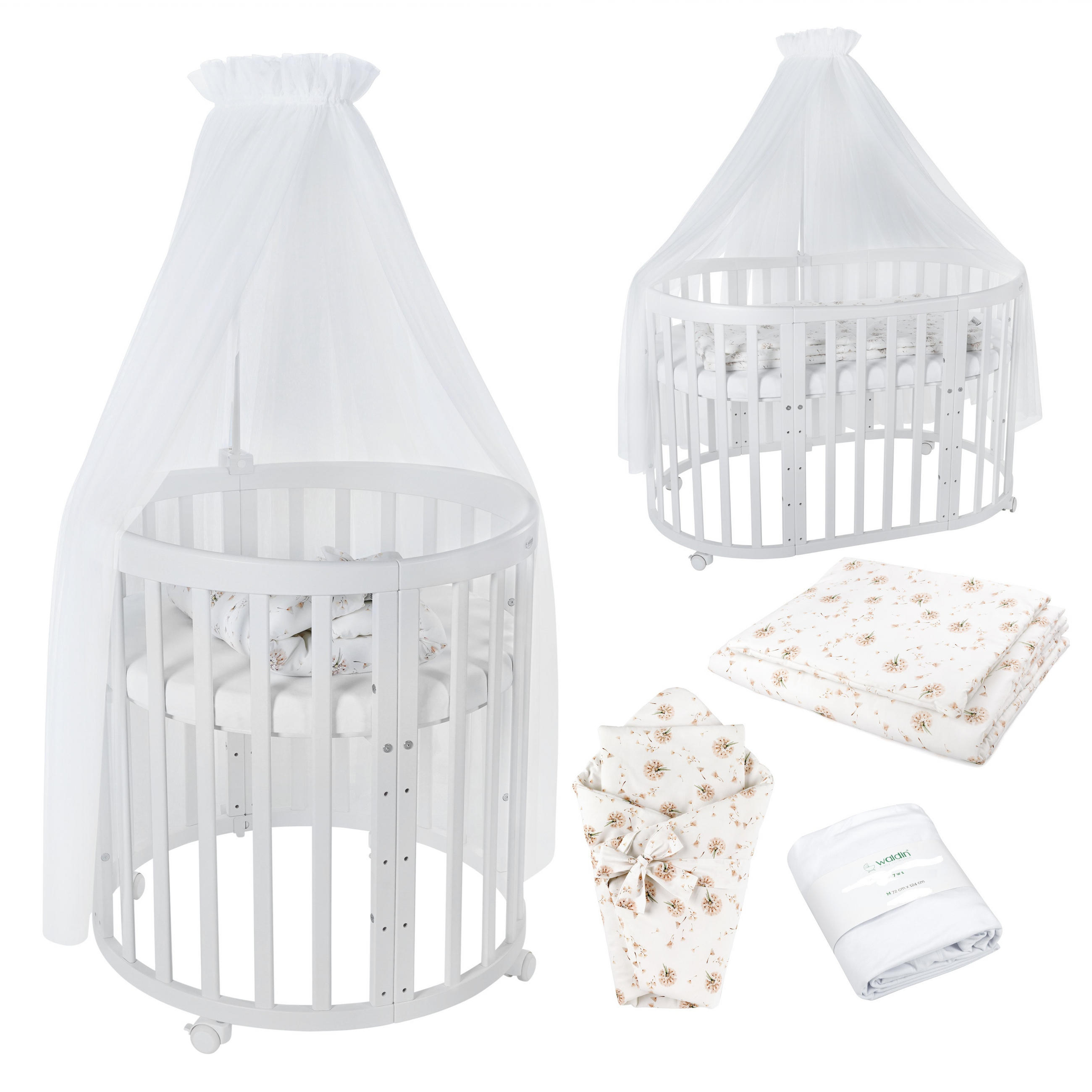 BABYBETT WHITE OVAL 7in1 mit Matratze und Himmelset - Naturfarben/Weiß, Holz/Textil