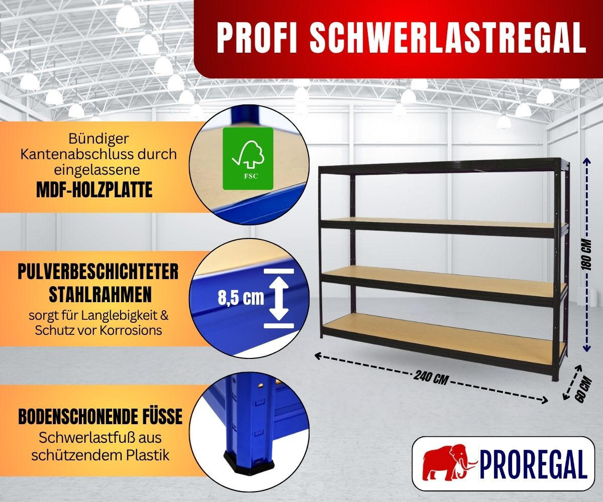 SCHWERLASTREGAL Dino 180x240x60 cm Fachlast 450kg Schwarz - Schwarz, Metall (240/180/60cm) - PROREGAL