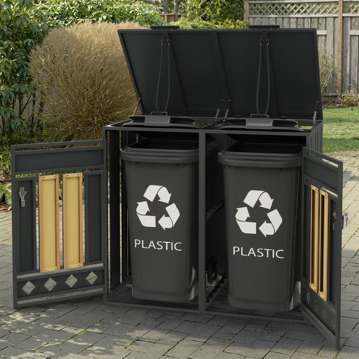 MÜLLTONNENBOX Klappdeckel 2 Türen Holzoptik vertikal - Grau, Metall (132/118.5/80cm) - LEBENLANG