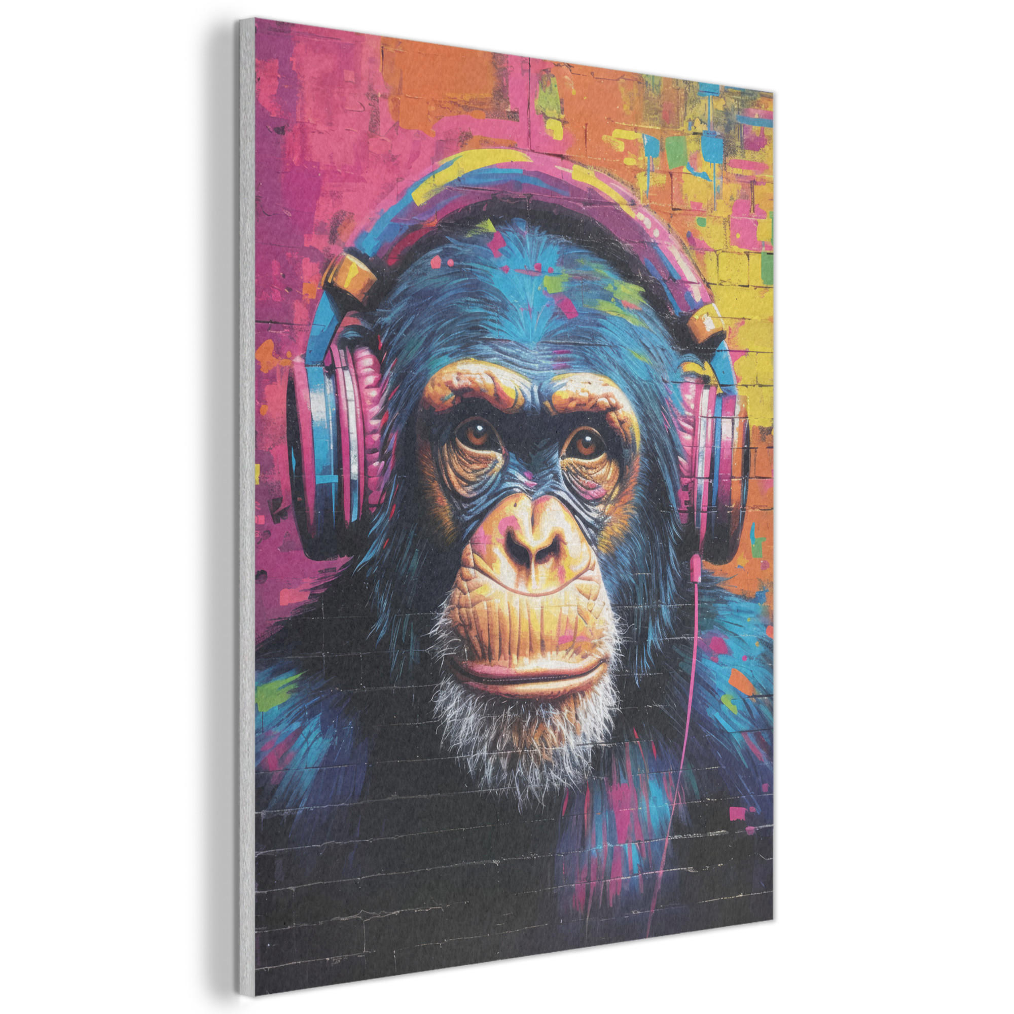 MuchoWow AKUSTICKÝ obraz Graffiti - Šimpanz - Street art - Sluchátka - Opice 70x100 cm