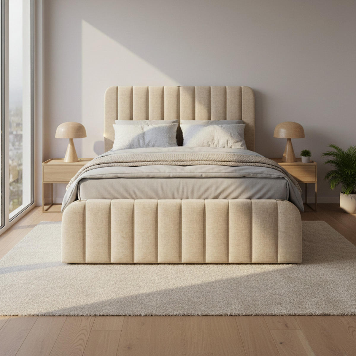 ČALOUNĚNÁ POSTEL 190x200 cm, lněná béžová, s USB typu C a hydraulickým úložným prostorem - béžová, textil - Urban Meuble