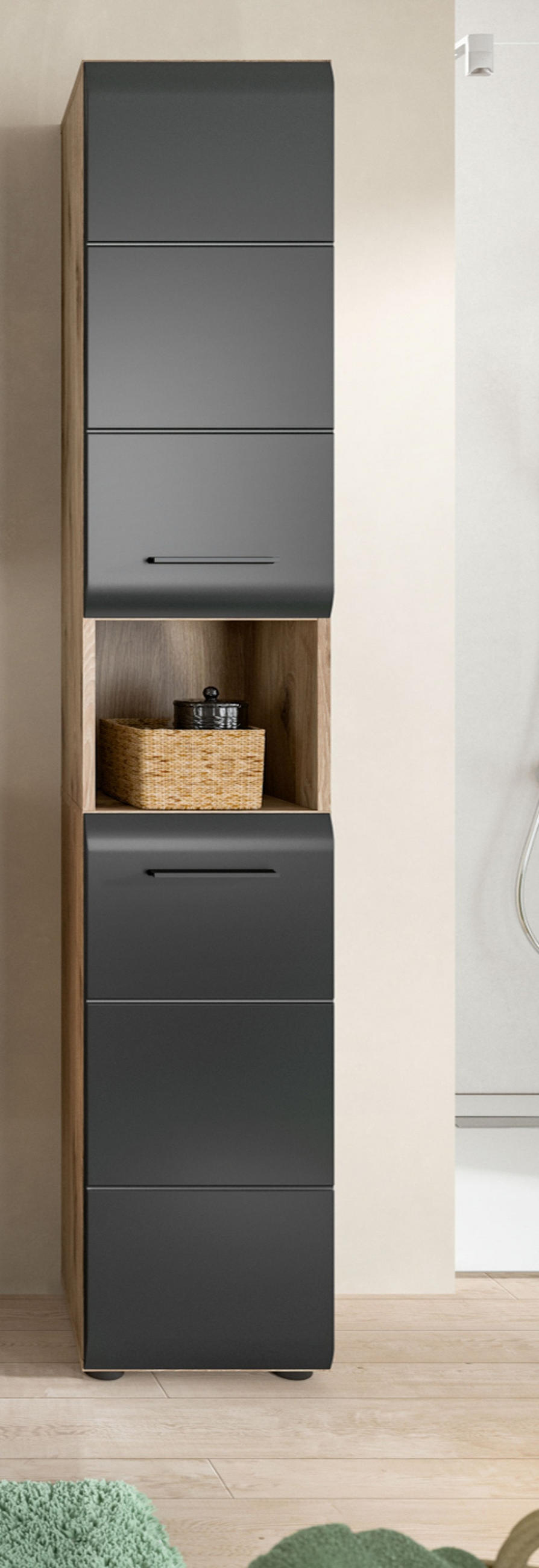 HOCHSCHRANK schwarz matt, Eiche Nox, Badschrank 2-türig 30 cm, 7 Fächer - Eichefarben/Schwarz, Holzwerkstoff/Kunststoff (30/185/30cm) - Inn.Furn