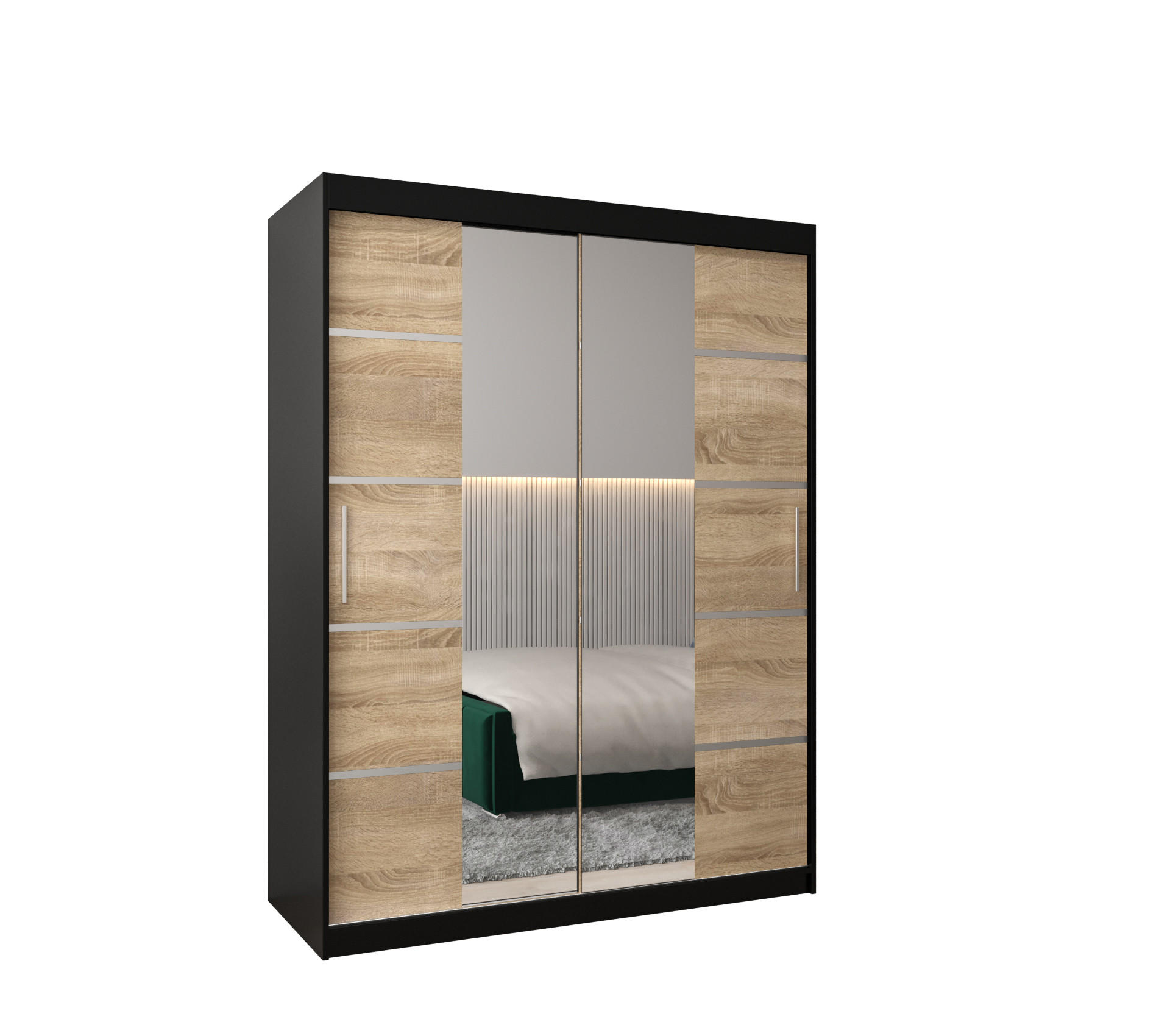 Abiks Möbel Schwebetürenschrank Schwarz, Sonoma Eiche, Silber 150x200x62 cm