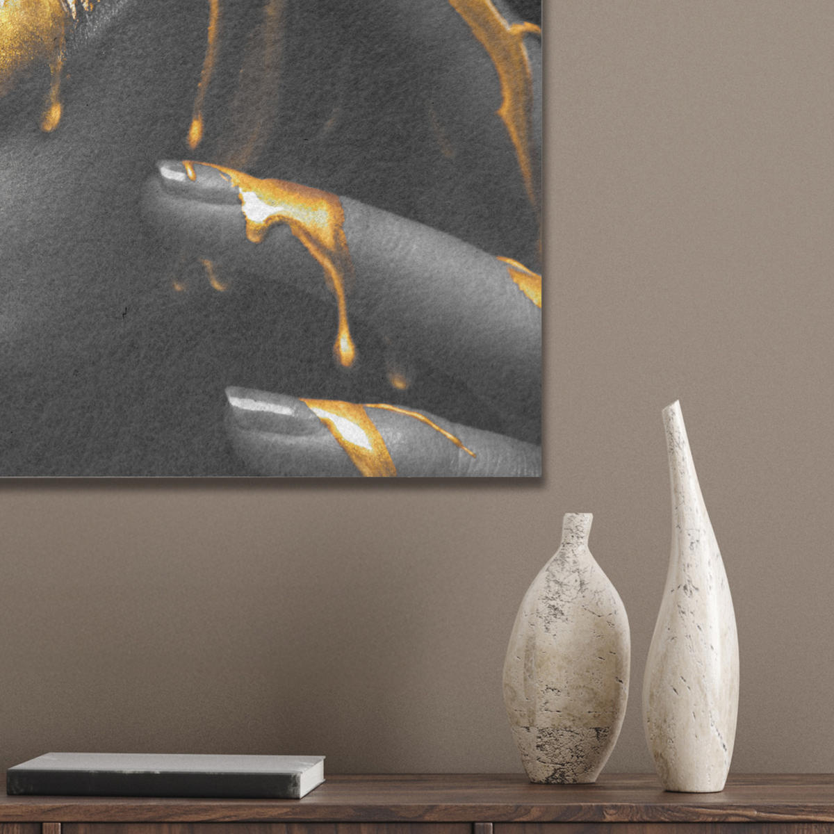 AKUSTIKBILD Frau - Schwarz - Gold - Gesicht - Lippen Wandbilder 60x60 cm - Goldfarben, Kunststoff (60/60/0.9cm) - MuchoWow