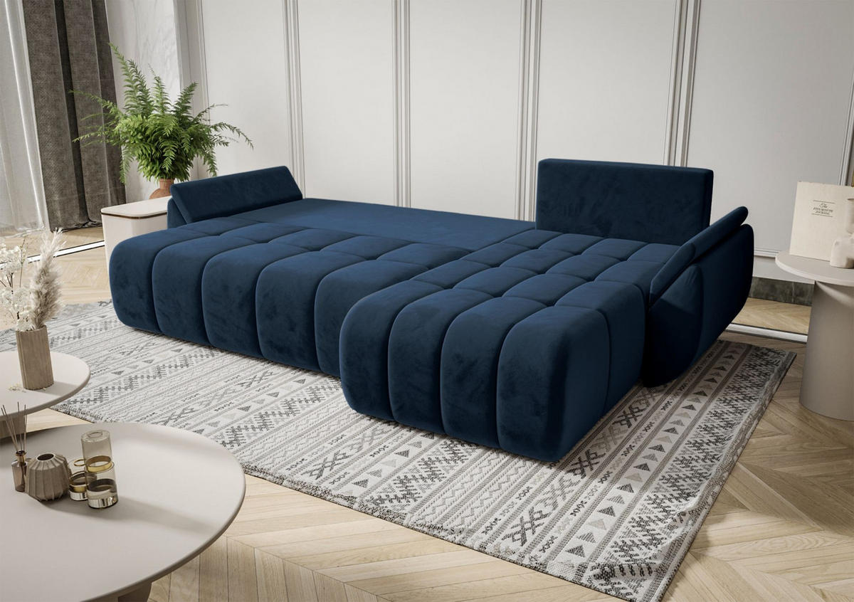 ECKSOFA Romuldi mit Schlaffunktion, Marineblau Samt, rechtsseitig - Schwarz/Dunkelblau, Kunststoff/Textil (185/280cm) - Selsey
