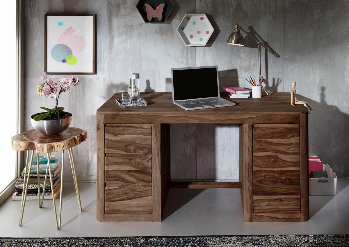 SCHREIBTISCH Sheesham 150x75x78 rot-braun gebeizt TORONTO #148 - Dunkelbraun, Holz (75/150/78cm) - Massivmoebel24