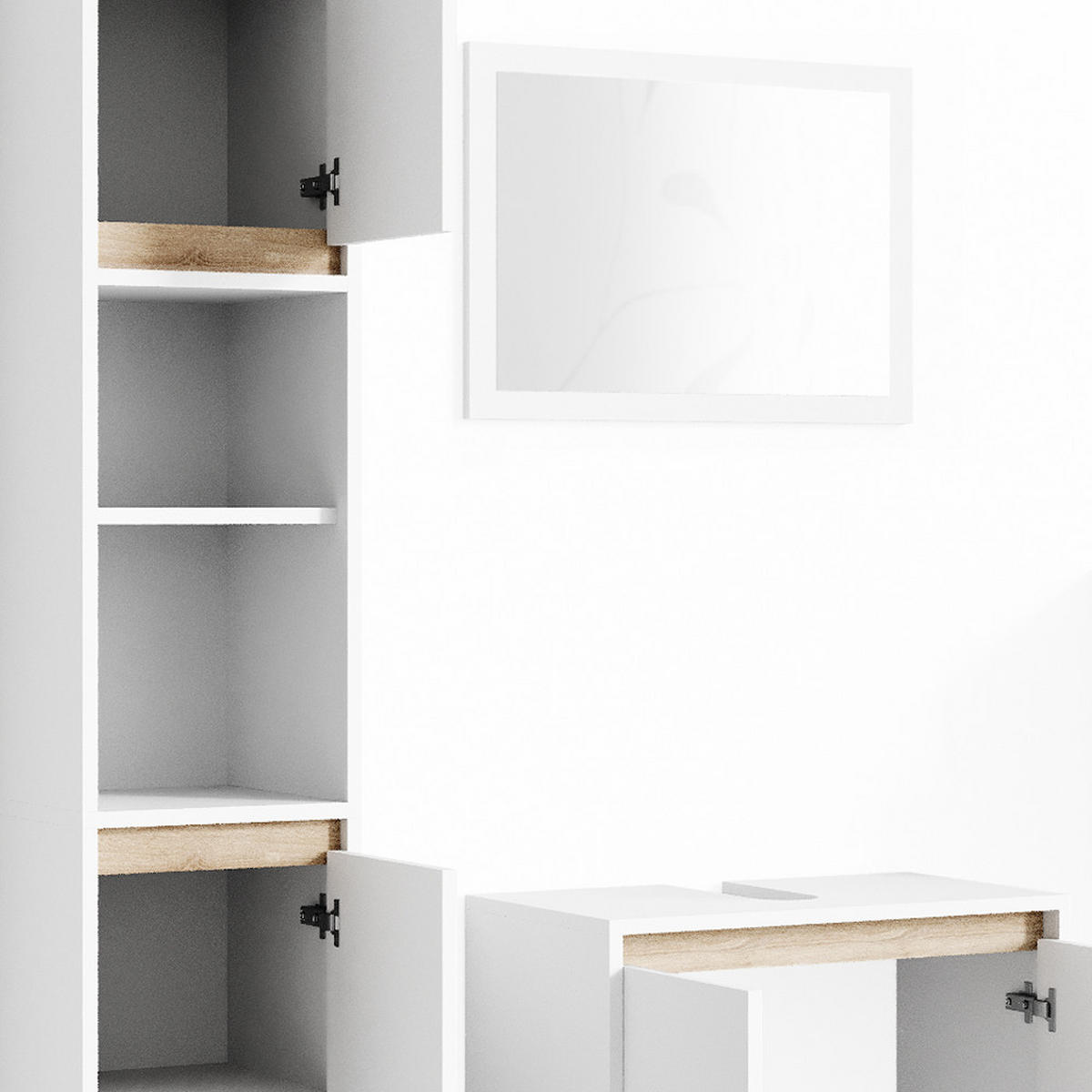 BADMÖBEL-SET Emma Weiß/Sonoma 3 Teile, mit Hochschrank - Weiß/Sonoma Eiche, Holzwerkstoff (58/60/33cm) - Vicco