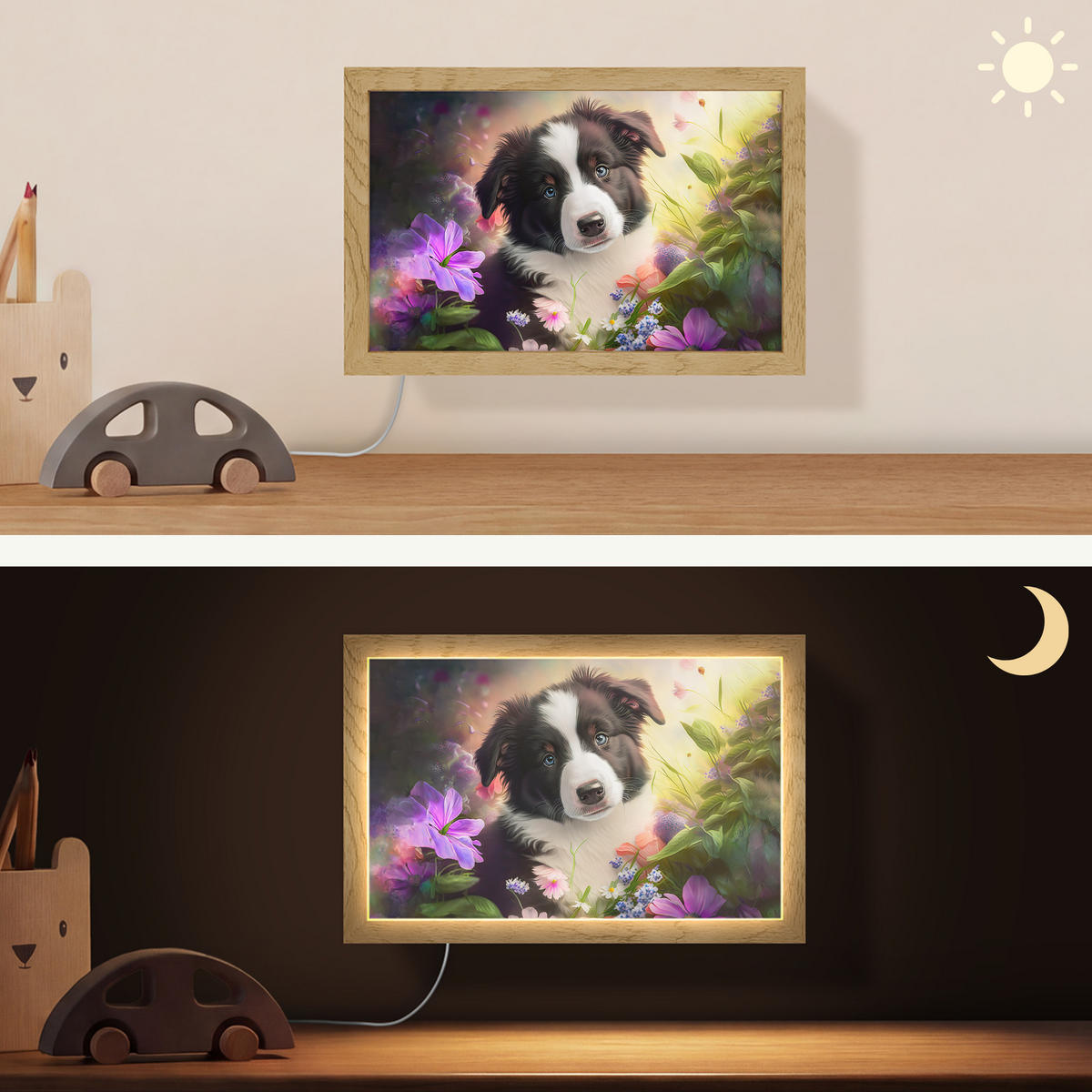 NÁSTĚNNÁ LAMPA Štěně - Slunce - Květiny - Příroda - Border kolie - Pes 30x20 cm - fialová, kompozitní dřevo (30/20/8cm) - OnlyWow