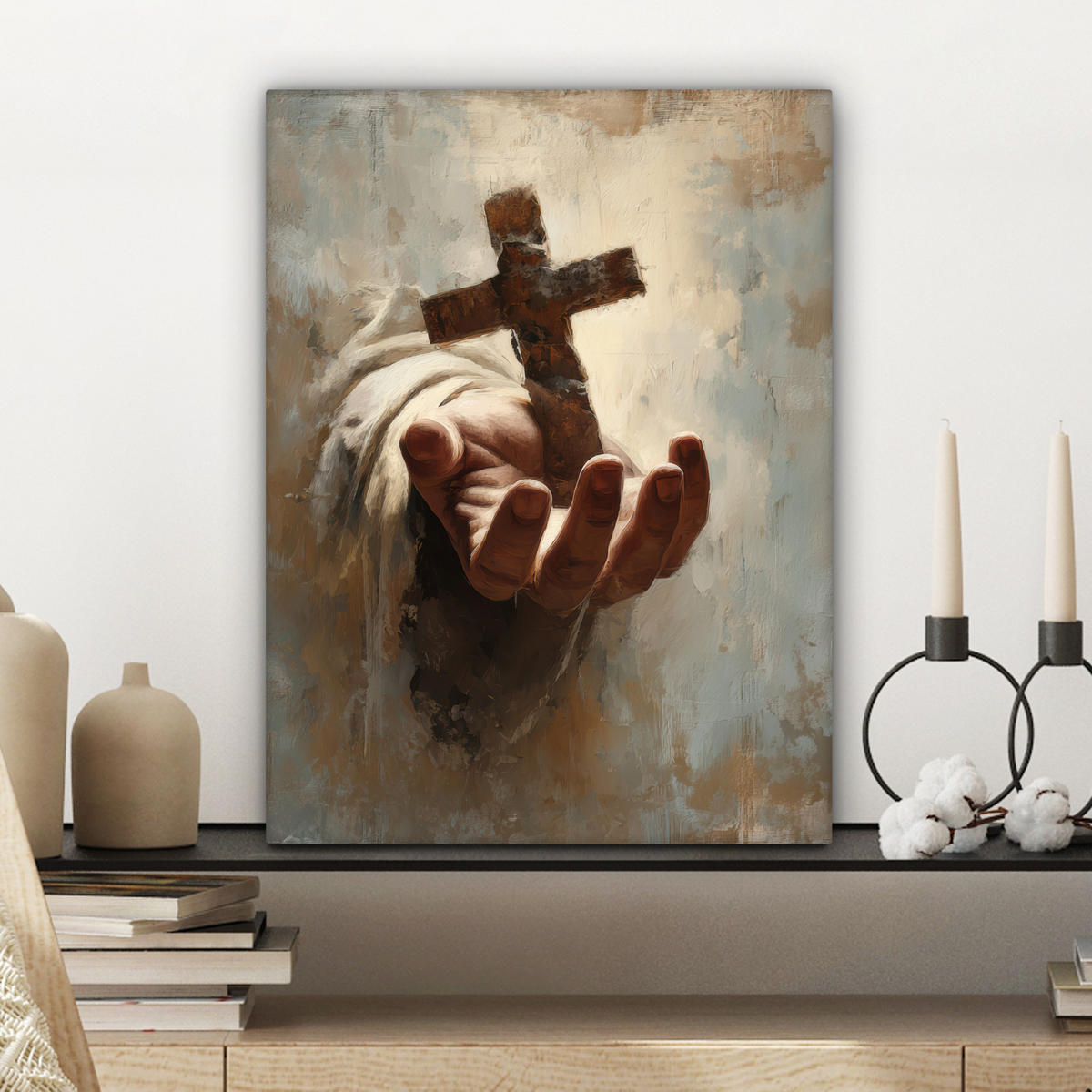 LEINWANDBILD Abstrakt - Kreuz - Hand - Christentum Room Decor 30x40 cm - Hellbraun, Textil (30/40cm) - MuchoWow