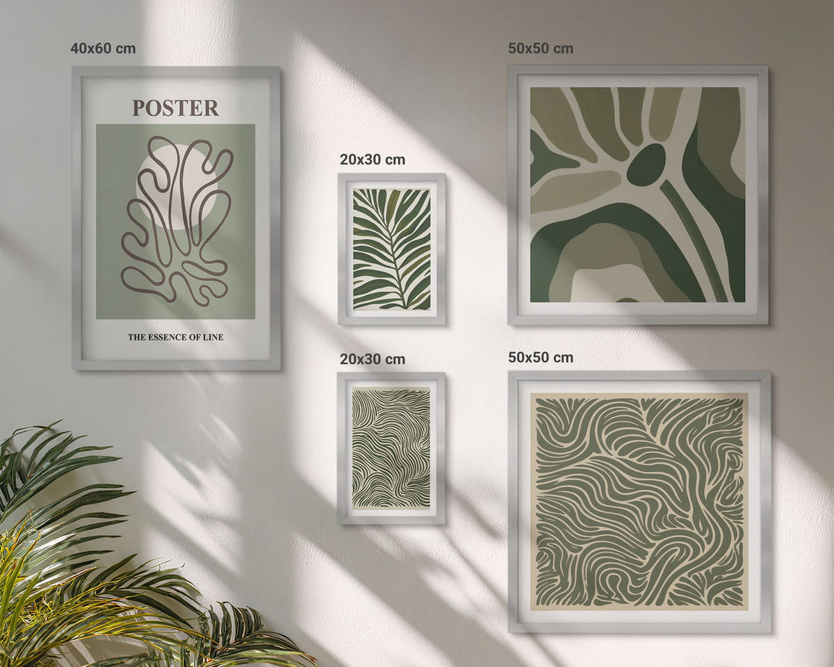 WANDBILDER 5er Set - 50x50 cm & 20x30 cm & 40x60 cm Silberner Rahmen - Blattmuster und wellenförmige Formen - Silberfarben, Kunststoff (40/60cm) - ArtPrintCave