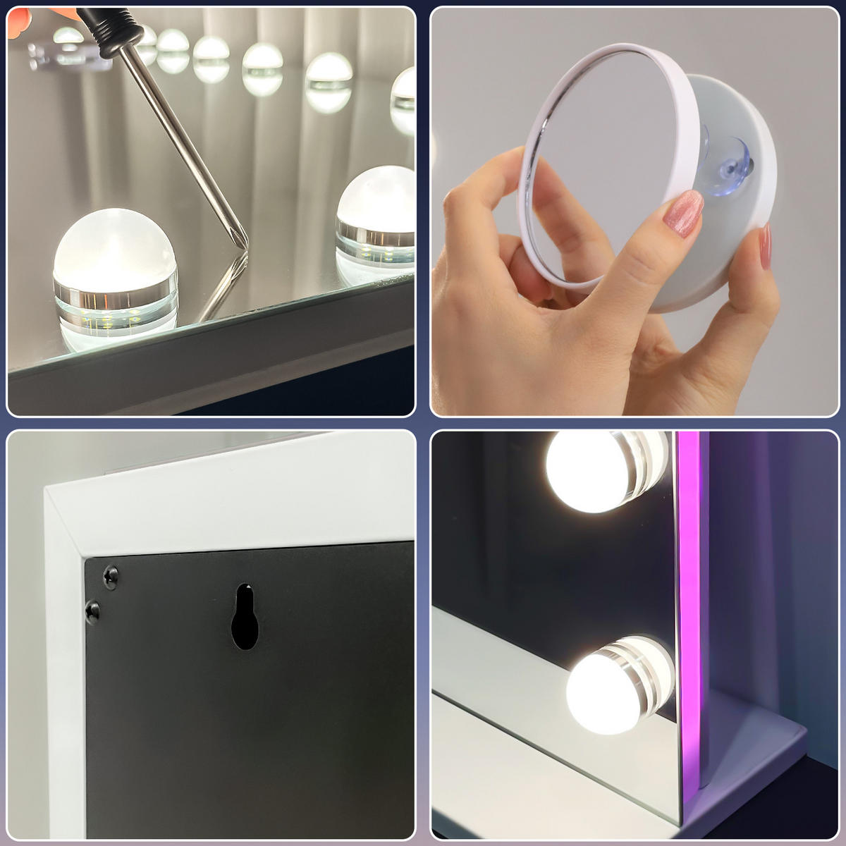 SCHMINKSPIEGEL mit LED-Beleuchtung und RGB-Hintergrundbeleuchtung weiß 80/58 cm - Weiß, Metall (80/58/3cm) - VANITII