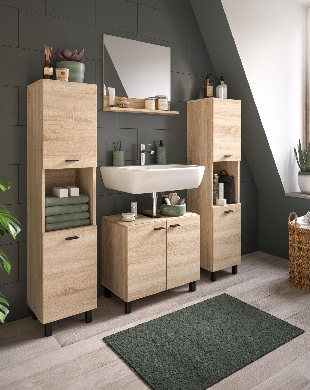 BADMÖBEL-SET Eiche 4-teilig 140 cm, Komplettset hängend oder stehend - Eichefarben, Glas/Holzwerkstoff (137/186/33cm) - Inn.Furn