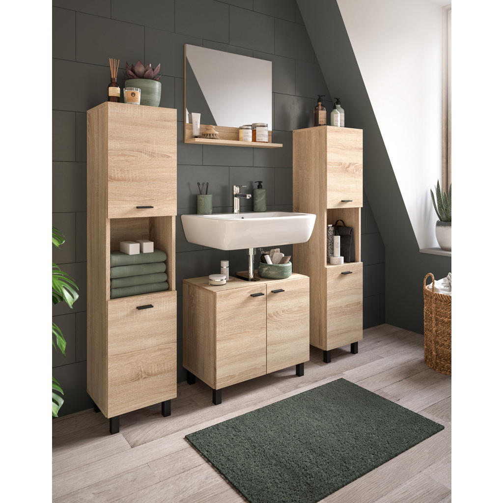 Thumbnail - Inn.Furn Badmöbel-Set, Eiche, Holzwerkstoff, Glas, Metall, Uni, Holz Optik, Rechteckig, 137x186x33 cm, FSC Mix, Badezimm...