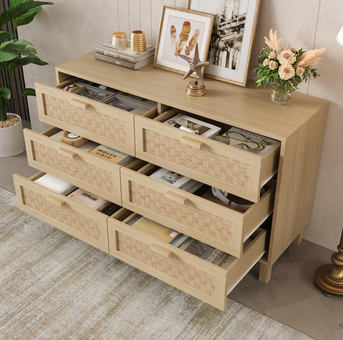 SIDEBOARD mit 6 Schubladen in Rattanoptik, 120/40/75 cm, Natur, Holzfarbe - Naturfarben, Holzwerkstoff (120/75/40cm) - Redom