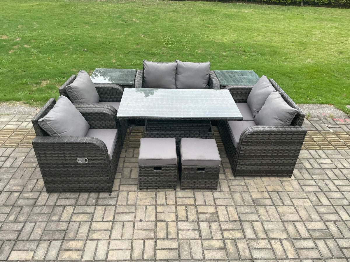 GARTENSOFA SET Polyrattan Dunkelgrau 8-Sitzer - Dunkelgrau/Grau, Metall - Fimous