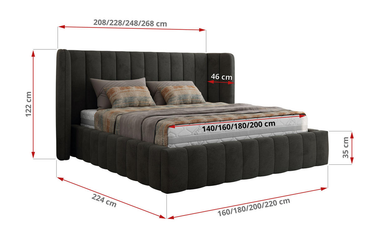 POLSTERBETT GOLETTA CLASSIC 180/200 - Dunkelgrau Velvet - Pocket-Matratze - Dunkelgrau, Textil (180/200cm) - MKS