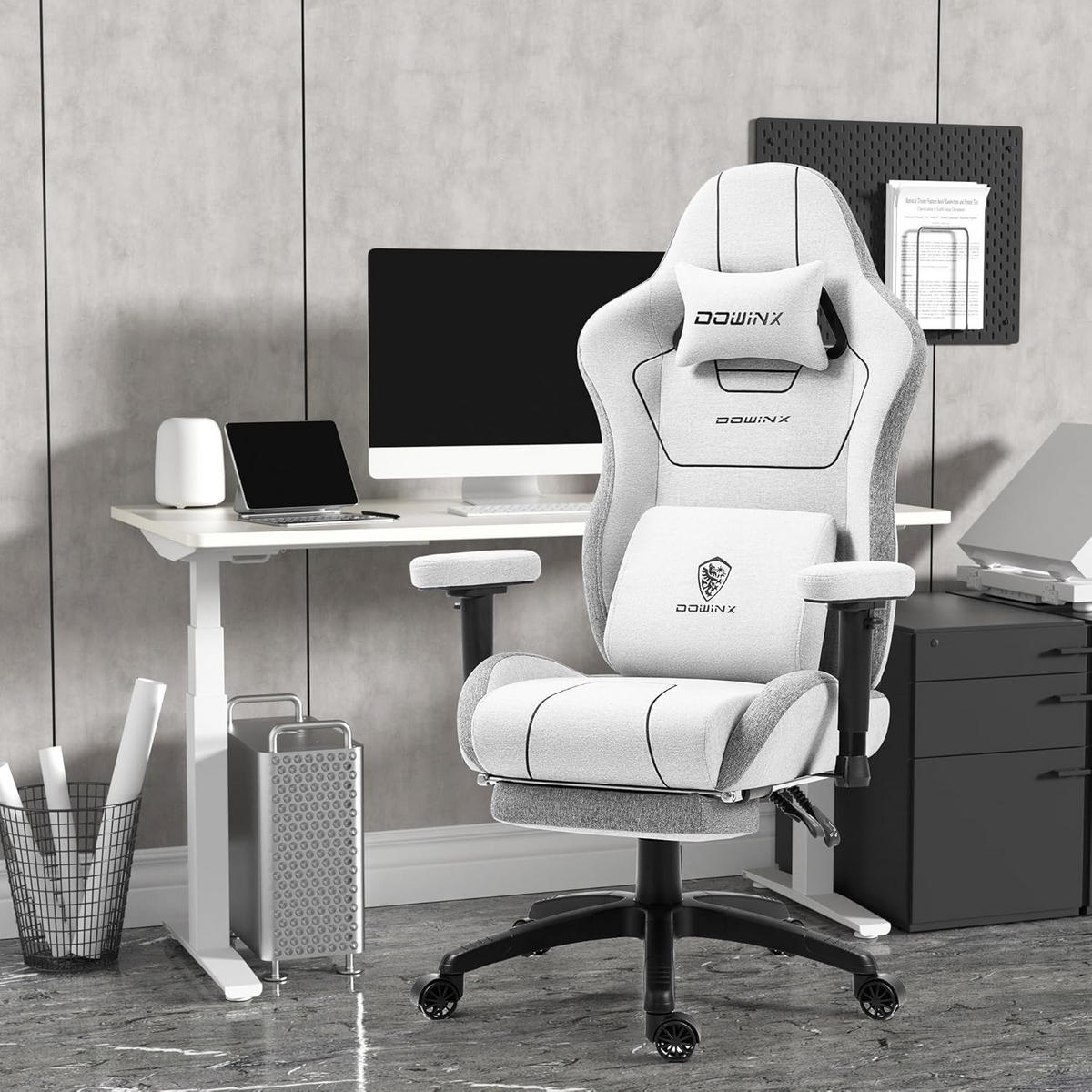 GAMING Stuhl Stoff & Taschenfederkissen PC Bürostuhl & Fußstützen - Grau, Textil (70/130/60cm)