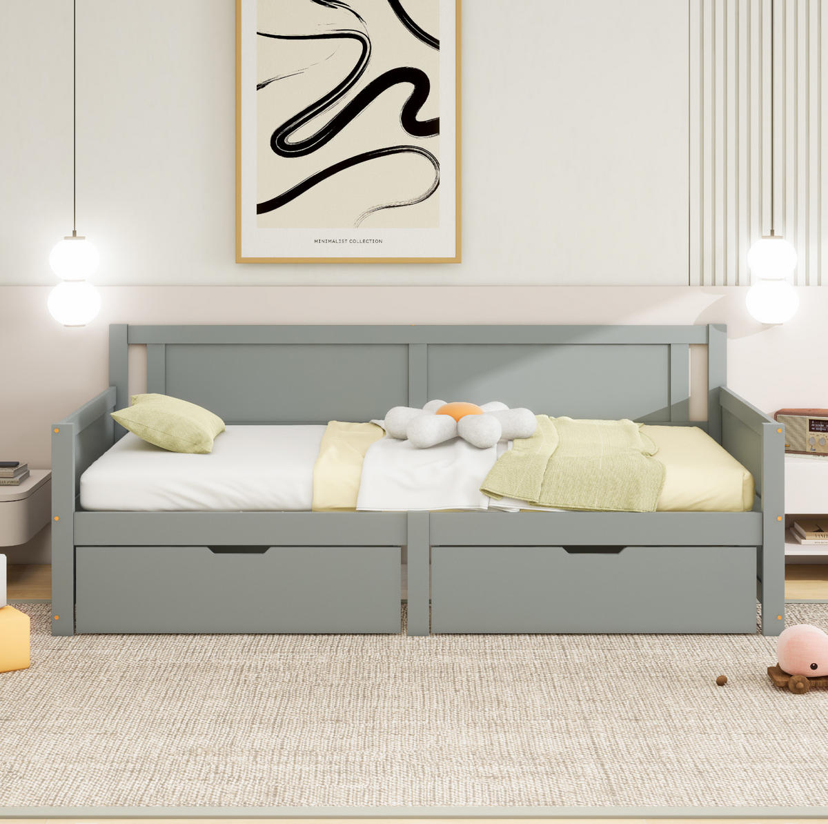 MULTIFUNKTIONSBETT 90/200 grau mit zwei Schubladen aus Massivholz - Grau, Holz (90/200cm) - OKWISH