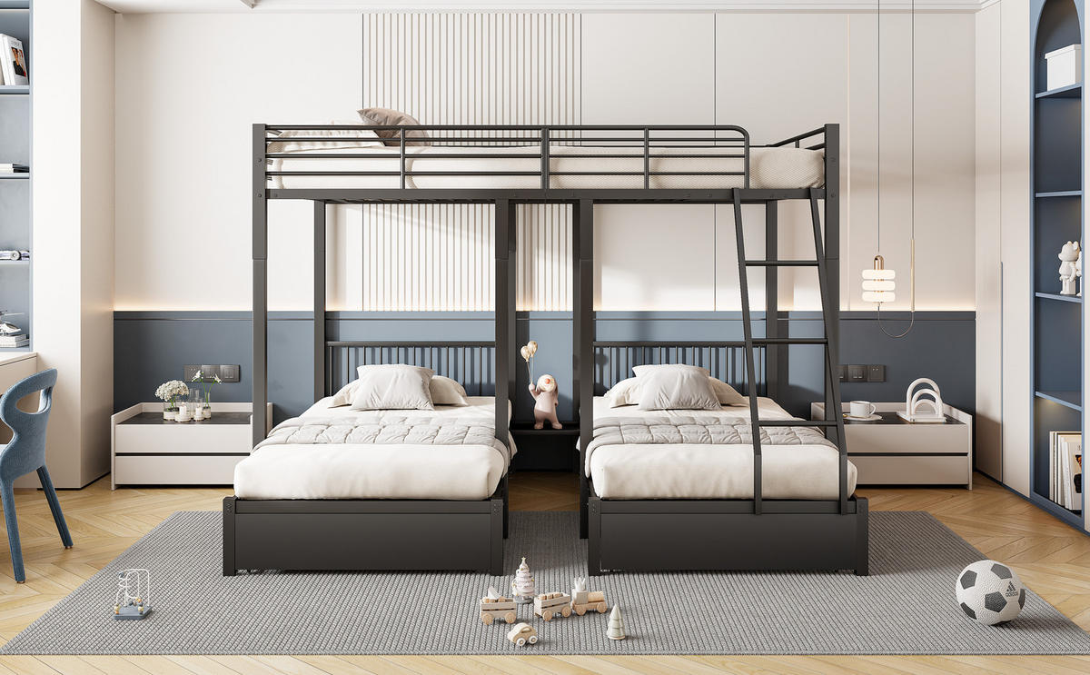 ETAGENBETT 140/90x200 cm 3 Ebenen schwarz - Schwarz, Metall (140/200cm) - LEBENLANG