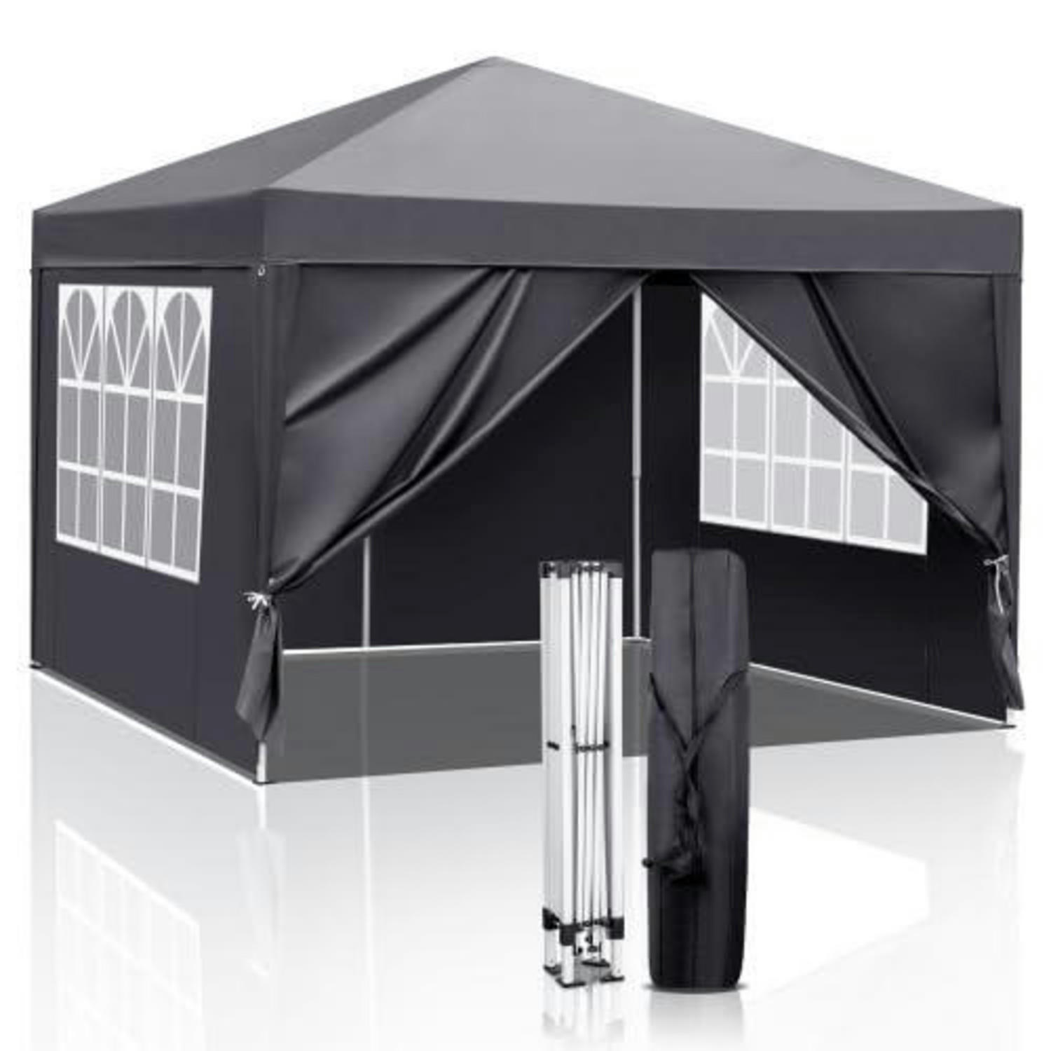 PAVILLON 3 x 3 m wasserdicht UV Schutz 50+ mit 4 Seitenteilen Dunkelgrau - Anthrazit, Metall (255/300/300cm)