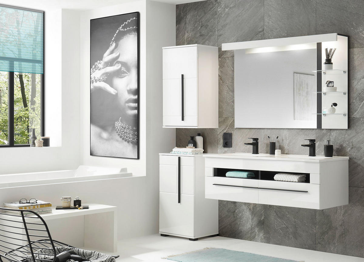 BADMÖBEL-SET weiß Hochglanz schwarz, Badkombination MIT Doppelwaschbecken LED Beleuchtung, 175 x 200 cm - Weiß Hochglanz/Schwarz, Holzwerkstoff/Kunststoff (175/200/45cm) - Furn.Design