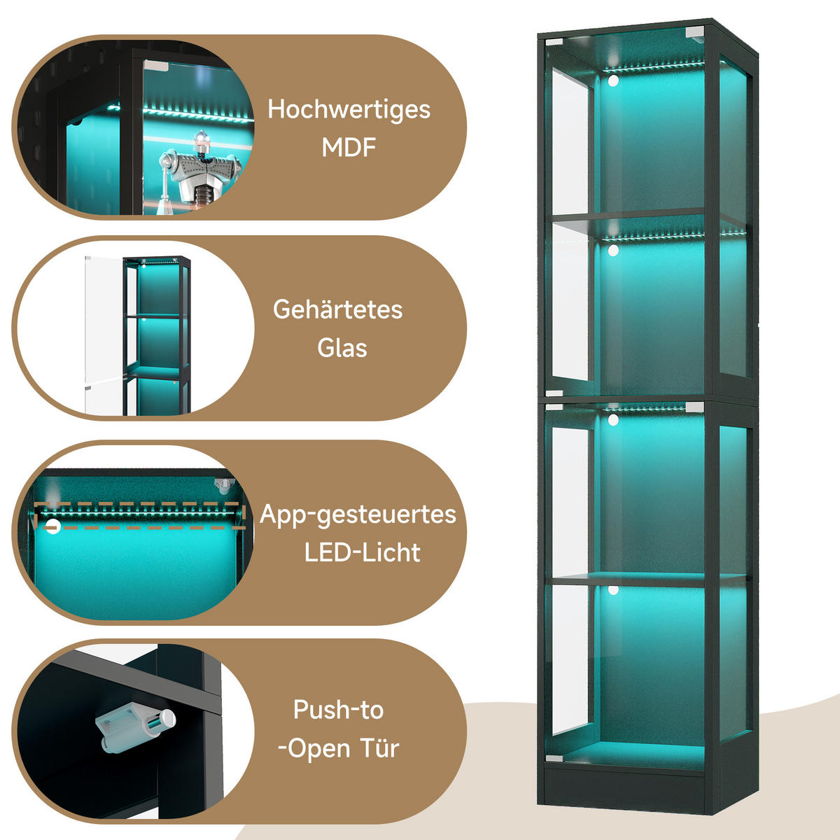 VITRINE Glas MDF mit 4 Ebenen Stauraum schmal modern Push-to-Open Schrank Wohnzimmer Design - Schwarz, Glas/Holzwerkstoff (40/170/35cm) - EVRYAE
