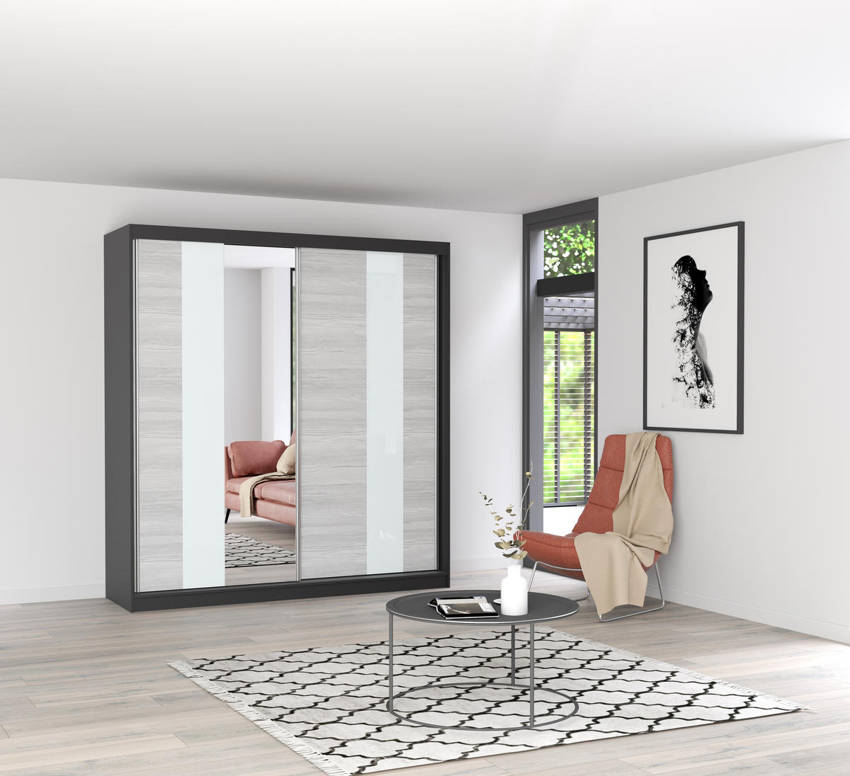 SCHIEBETÜRENSCHRANK - BEN 32 203 CM (Schwarz) - Schwarz, Holzwerkstoff (203/218/61cm) - Möblo