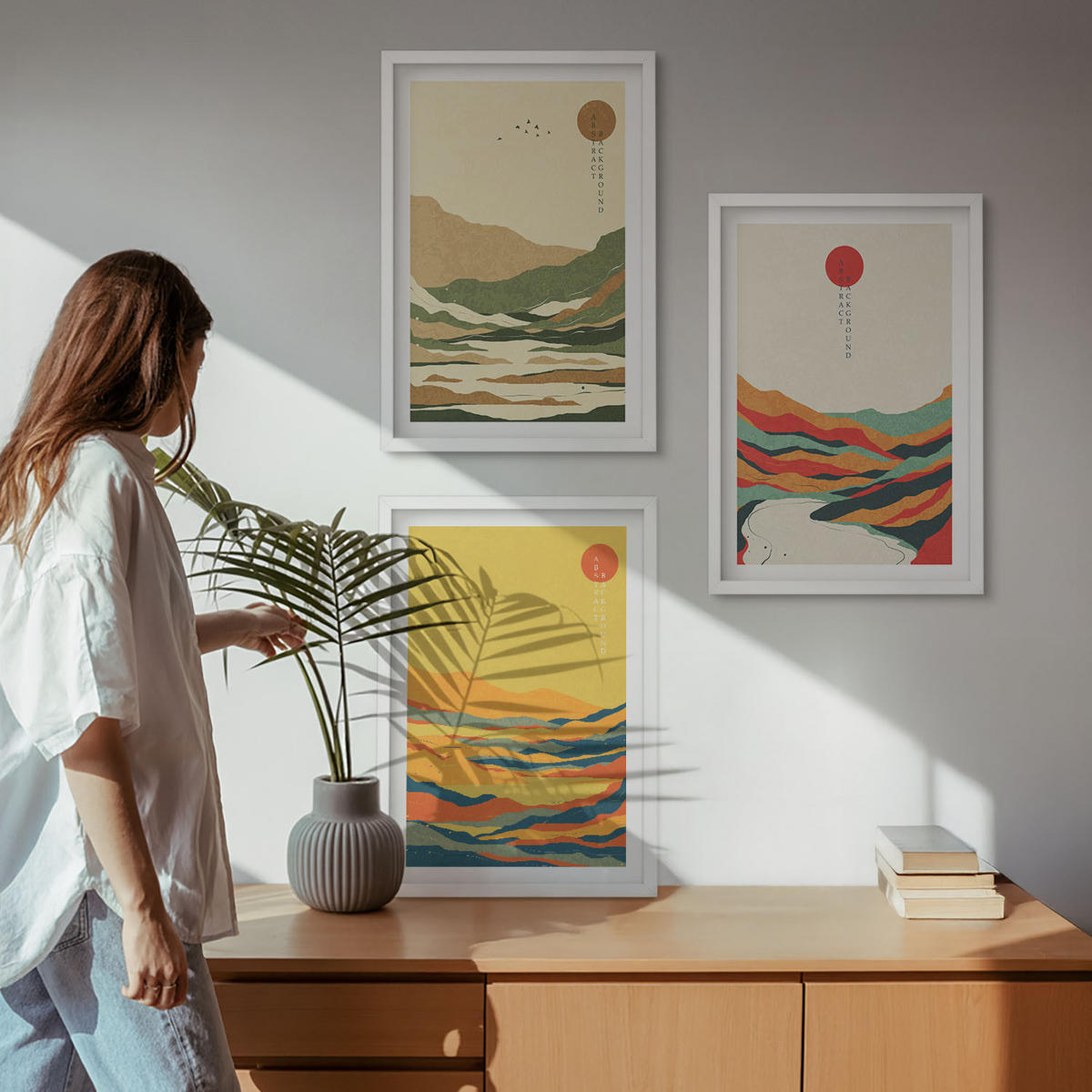 BILDER SET 3er Set - 40x60 cm Weißer Rahmen - Farbenfrohe Muster der Japandi-Flussberge - Weiß, Kunststoff (40/60cm) - TULUP