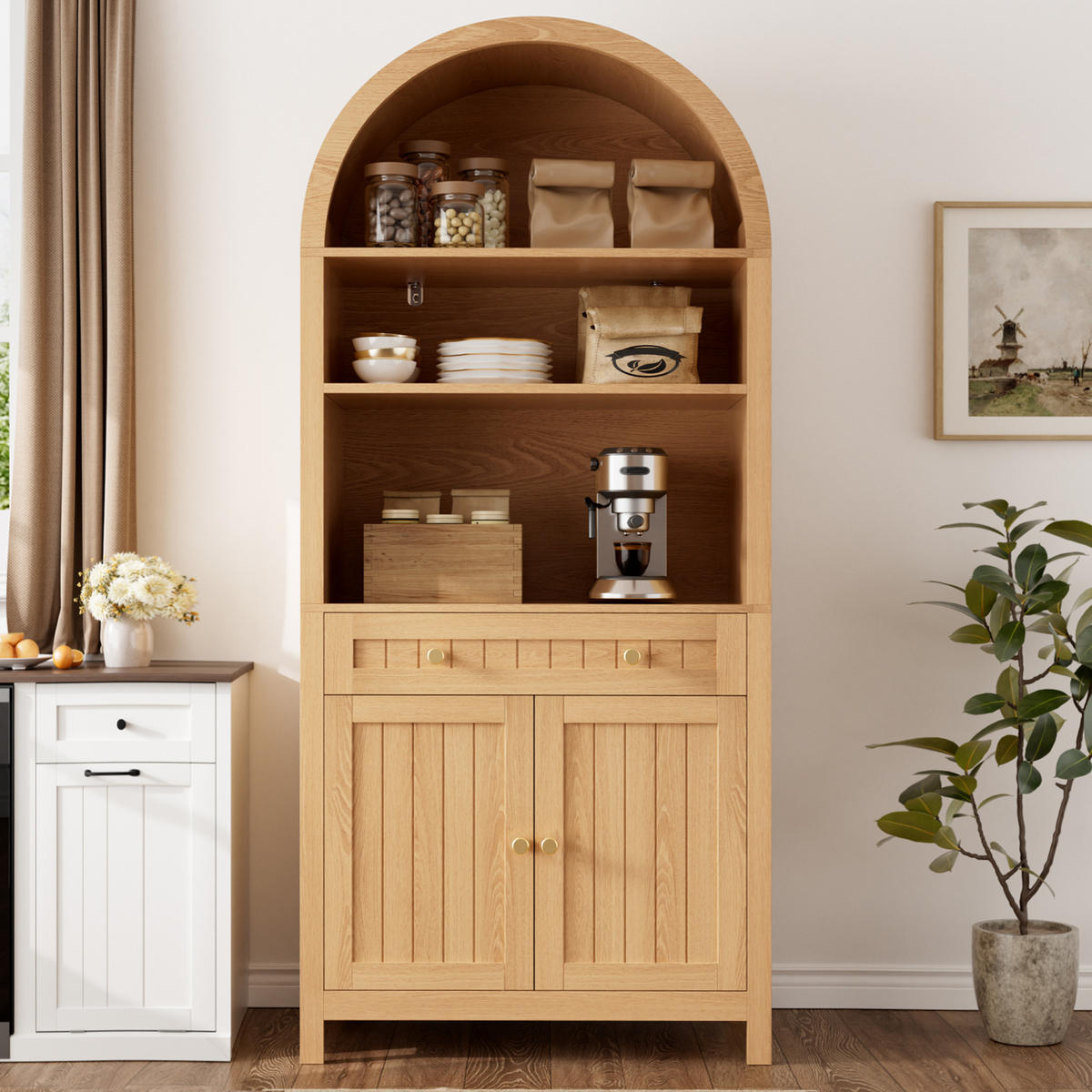GESCHIRRSCHRANK Bogenfront Doppeltür Weiß - Naturfarben, Holzwerkstoff (76/180/40cm) - FLIEKS