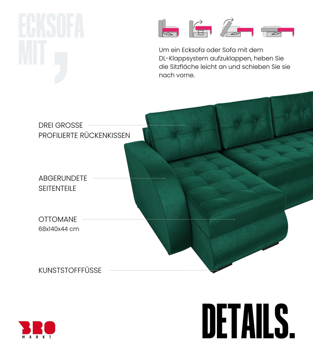 ECKSOFA Bergen mit Schlaffunktion Grün Samtstoff - Grün, Textil (238/141cm) - Bromarkt