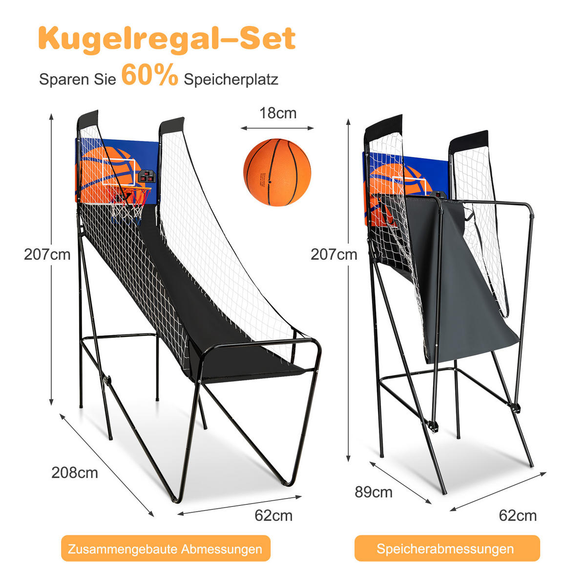 ARCADE-BASKETBALLSPIEL klappbar Schwarz - Schwarz, Metall (62/208cm) - COSTWAY